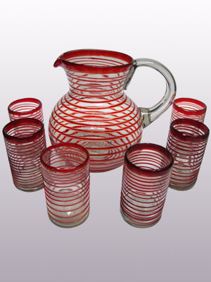 Spiral Glassware / Ruby Red Spiral 120 oz Pitcher and 6 Drinking Glasses set / Swirls of ruby red embelish this set, perfect for serving cool drinks on a hot summer day.